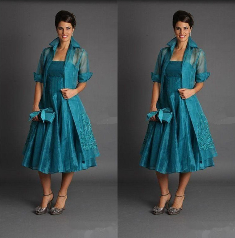 

Tea Length A Line Organza Mother of the Bride Dresses with Half Sleeves Long Jacket Wedding Party Gowns Prom Dress