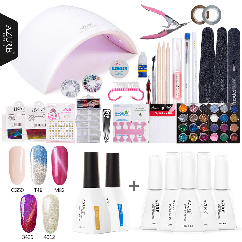 

Azure Beauty Nail Art Manicure Tools 36W UV Lamp + 5 Color Soak Off Gel Nail Base & Top Coat Gel Remover Practice Set File Kit, Set 19