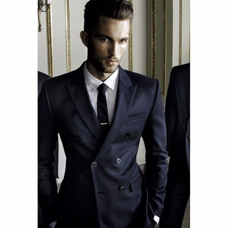 

High Quality Double-Breasted Navy Blue Groom Tuxedos Groomsmen Peak Lapel Best Man Blazer Mens Wedding Suits (Jacket+Pants+Tie) H:753, Same as image