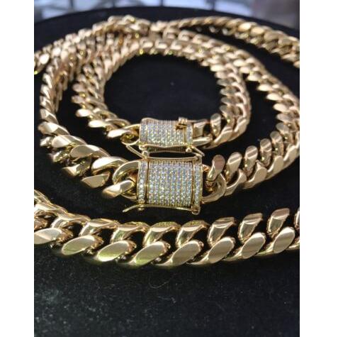 

Mens Cuban Miami Link Bracelet & Chain Set 18k Gold Plated 12mm *Diamond Clasp*, Silver