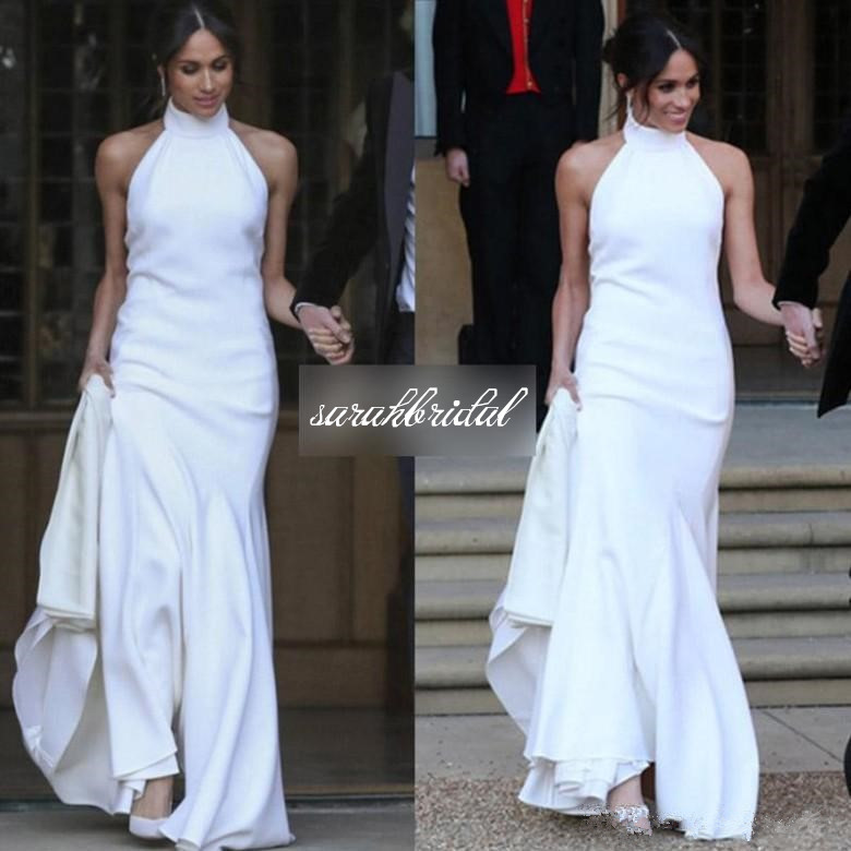 

Prince Harry & Meghan Markle Elegant Mermaid Wedding Dresses White Soft Satin Wedding party Gowns Halter custom made Wedding Recept Dress, Silver