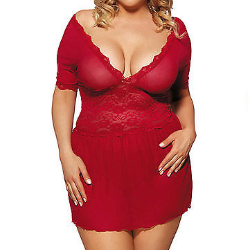 

Plus Size Sexy Double V Lace Mesh Sleepwear See-through Temptation Babydoll 3XL #R68, Red