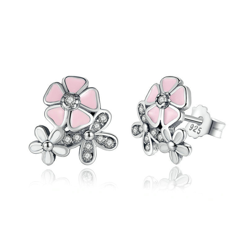 Luxury 925 Sterling Silver Poetic Daisy Cherry Blossom Drop Earrings Clear Pink CZ Flower Women Engagement Studs For women Fashion Jewelry