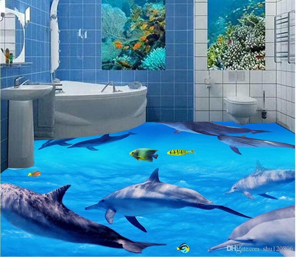 

3d pvc flooring custom photo Waterproof floor living room Ocean World Dolphin washable wallpaper 3d wall murals wallpaper for walls 3 d, Sky blue