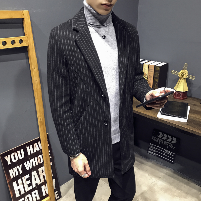 

Winter New Men Wool Coat Slim Fit Fashion Stripes Warm Long Jacket Man Casual Wild England Wind Outwear Male Clothes -3XL, Black
