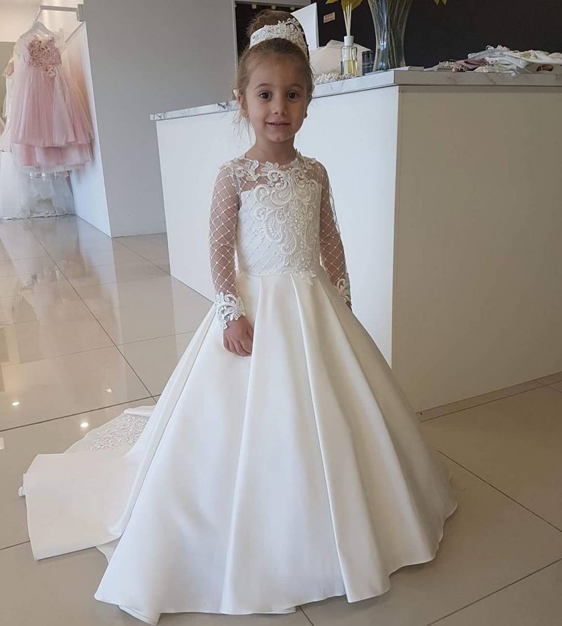 

Cheap Appliqued Ball Gown Flower Girl Dresses For Weddings With Long Sleeves Toddler Pageant Gowns Satin Sweep Train Kid Dress, Pink