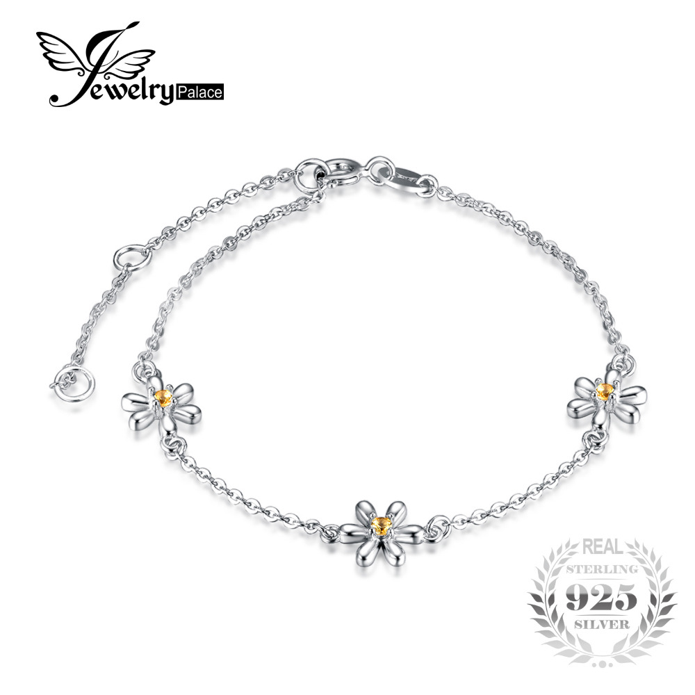

JewelryPalace Flowers 0.1ct Created Orange Sapphire Ankle Bracelet 925 Sterling Silver Romantic Jewelry Accessories best gift, Golden;silver