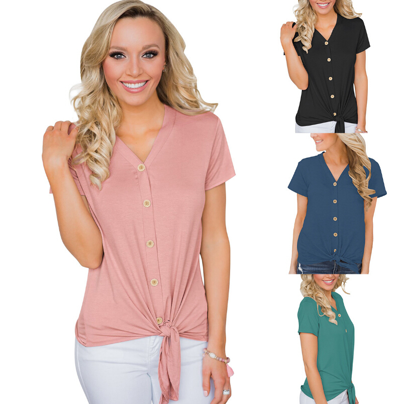 

Women's T-Shirt Single Breast Tshirts For Women Summer Clothing Wear V-neck Front Bow Tee Casual Tops, Green