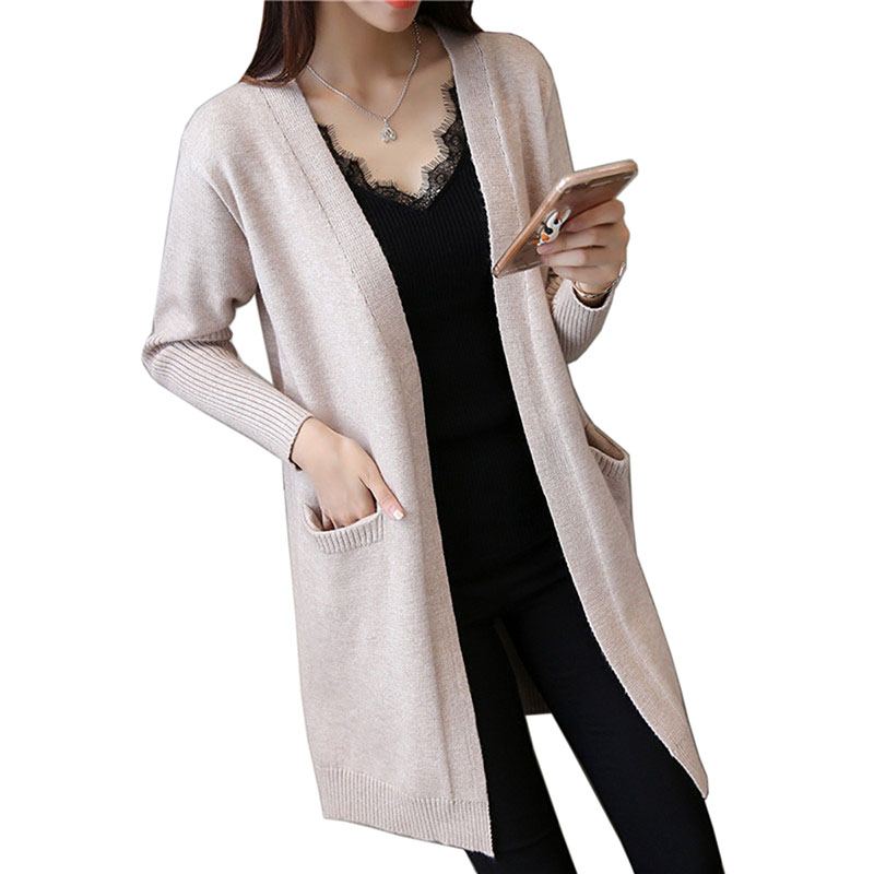 2018 New Women Sweater Coat Spring Autumn Medium-long Cardigan female elegant pocket Knitted Outerwear fashion Cape Sweater Top