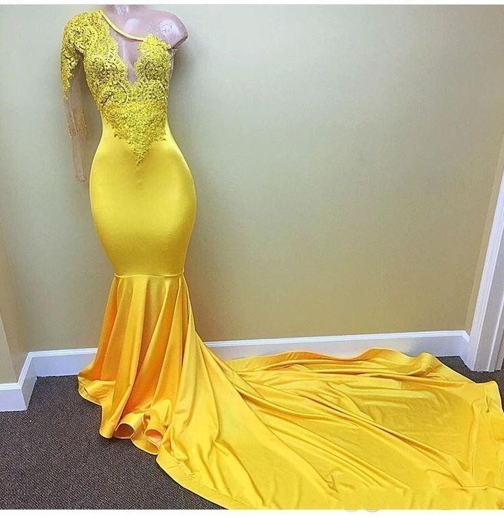 2020 Sexy Yellow Mermaid Prom Dresses One Shoulder Sheer Long Sleeves Lace Appliques Sweep Train Keyhole Black Girls Evening Party Gowns