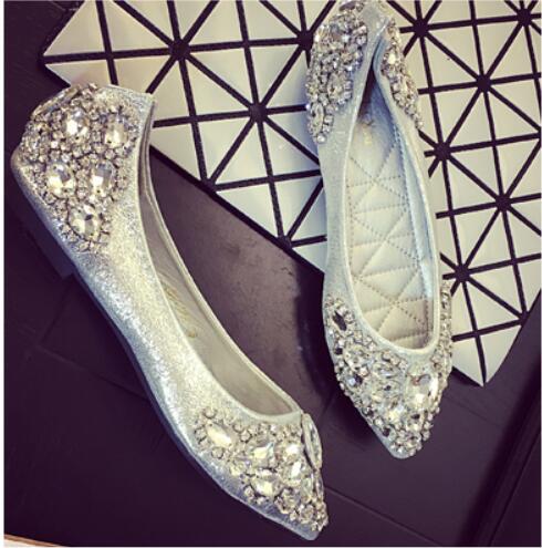 

Wedding shoes Ballet Flats Rhinestones Pointed toe Big Crystal shoes Bride shoes Gold Black Silver Korean style