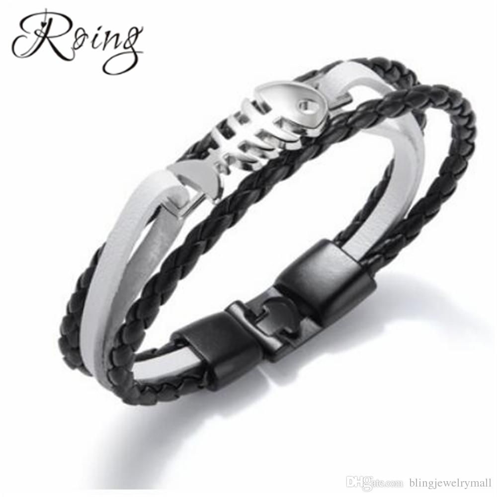 

Roing Black Braided Leather Bangle Men ID Bracelet Fish Charm Stainless Steel Male Bracelets&Bangles Jewelry RO1303