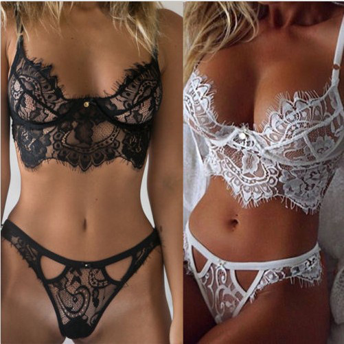 

Women Separated Sleepwears Sexy Hollow Out Lace Bralet Bra Lace Lingerie Outfit and Pantie Sets Large Size Lace Underwear Suits, Black