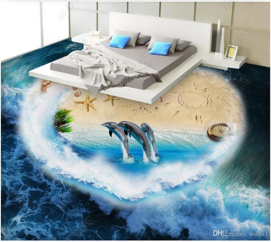 

3d pvc flooring custom photo Waterproof floor wall sticker Aegean Sea Dolphin Starfish Ocean World 3D Flooring 3d wall murals wallpaper, Sky blue