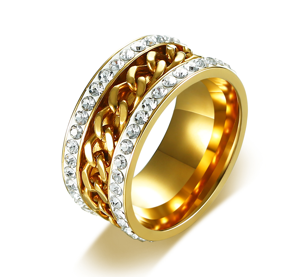 

Titanium Steel Ring High Quality Gold Color Crystal Rings Chain Decorated Stainless Steel Ring Rotatable US Size#7-12