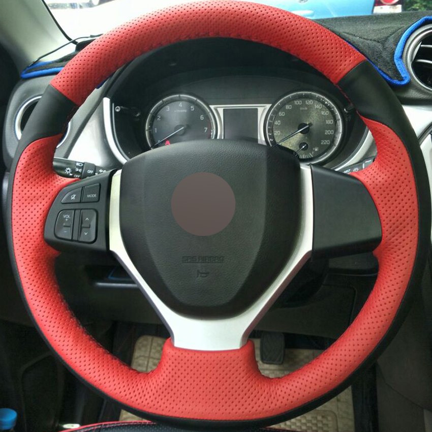 Red Black Genuine Leather DIY Hand-stitched Car Steering Wheel Cover for Suzuki CELERIO S-CROSS SX4 2013 2014 Suzuki Vitara-image-430767232