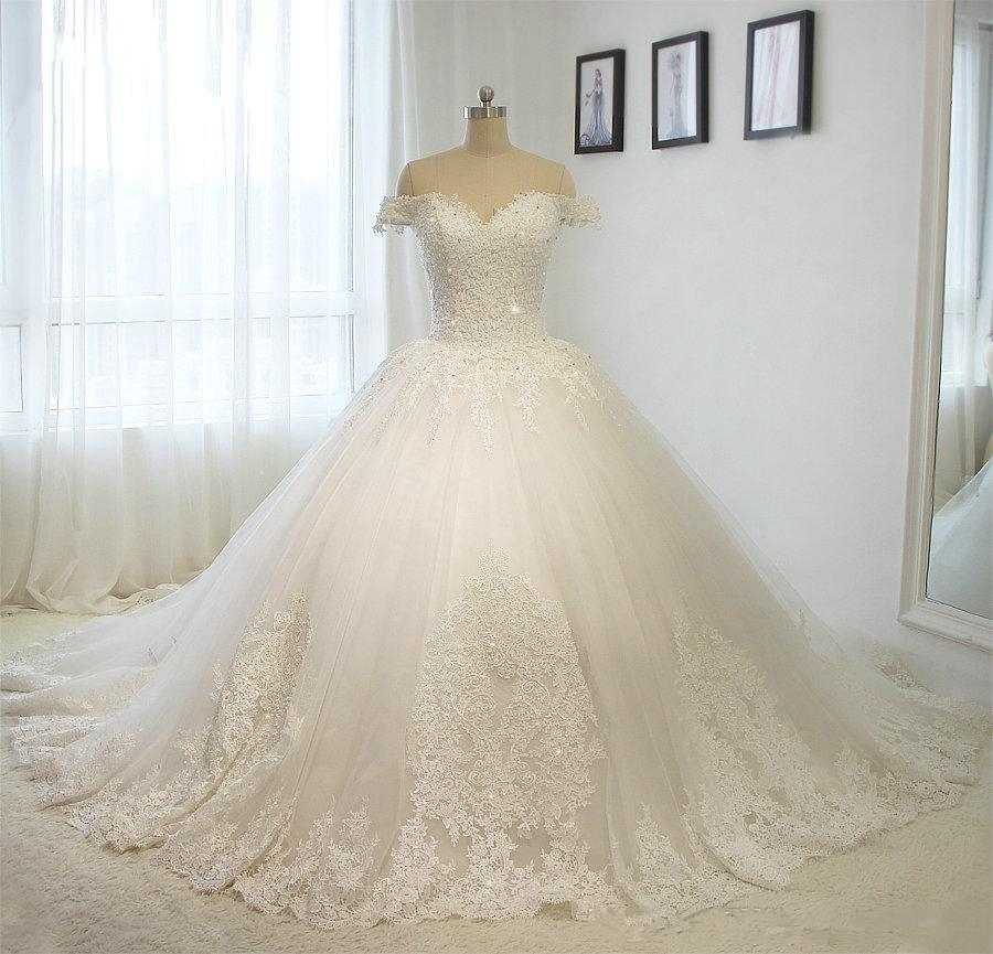 Real Photo 2021 Lace Wedding Dress Off Shoulder Plus Size Ball Gown Beaded Wedding Dress Lace Up Bridal Gowns-image-411197547