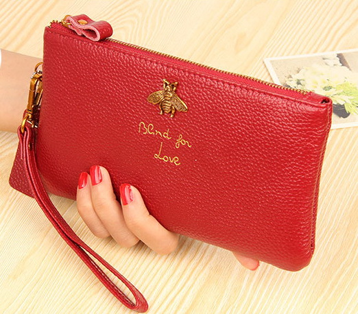 

Genuine leather bee women designer wallets female cowhide long style clutchs lady casual fashion popular zero purses no495, Black