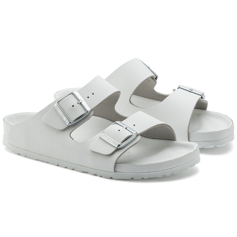 

Famous Brand Arizona Unisex All Black And White Casual Flat Sandals Male Buckle Summer Beach Top Quality Genuine Leather Slippers Hot Sell, Style 1