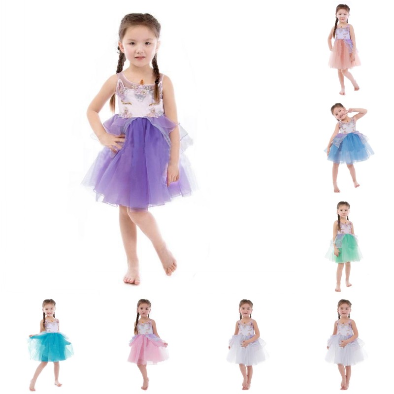 

Lovely nicorn Girl Dress Embroidery Beading dress mix colors Gauze Princess Party Dress for Children Clothes, Multi-color