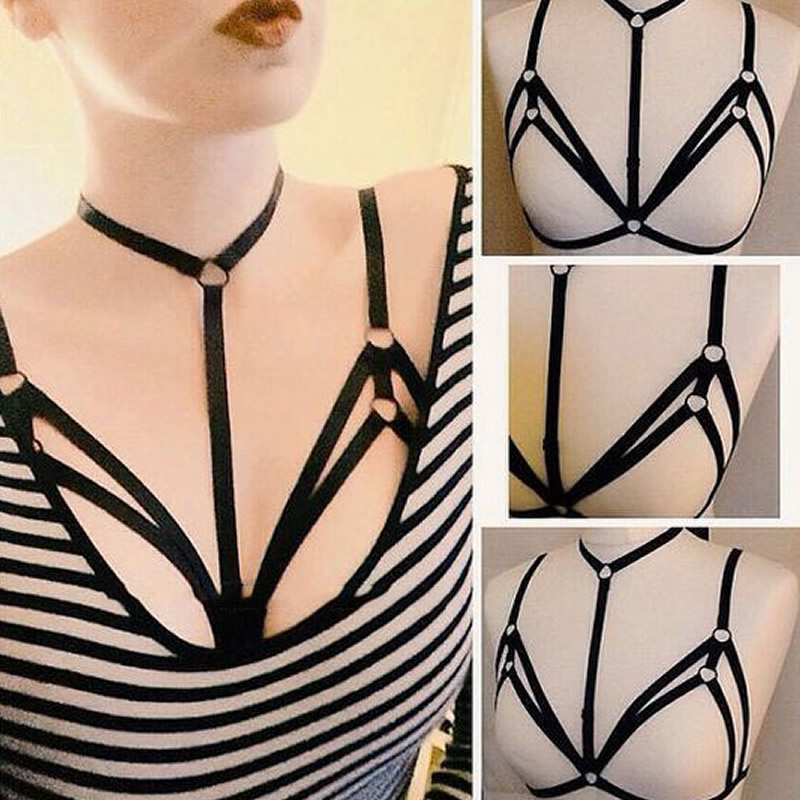 

Hot 2017 Sexy Women Pastel Goth Garter Belt Pentagram Punk Cage Bra Erotic Lingerie Harness Bralette Bondage Suspender, As pic