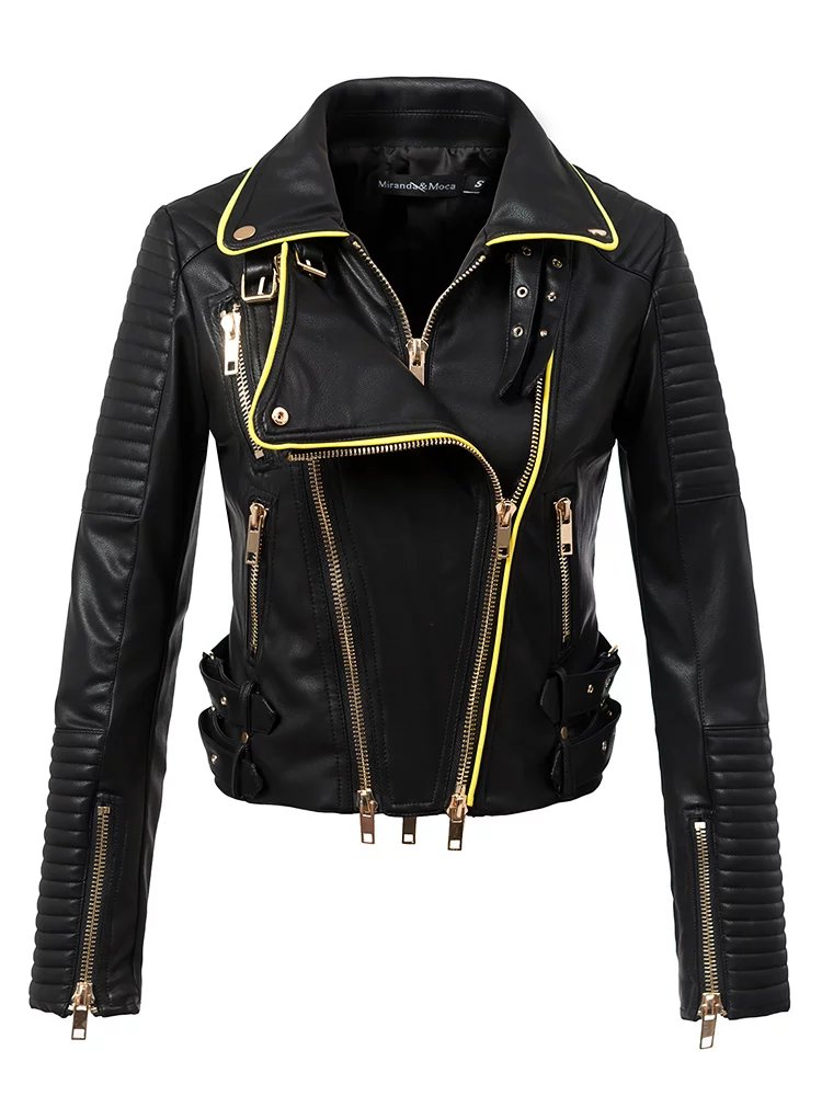 

2018 New Women Motorcyle & Biker Faux Leather Jackets and Coats Lady Slim Fit Turn-down Collar Streetwear Outerwear high quality, Pp10 black