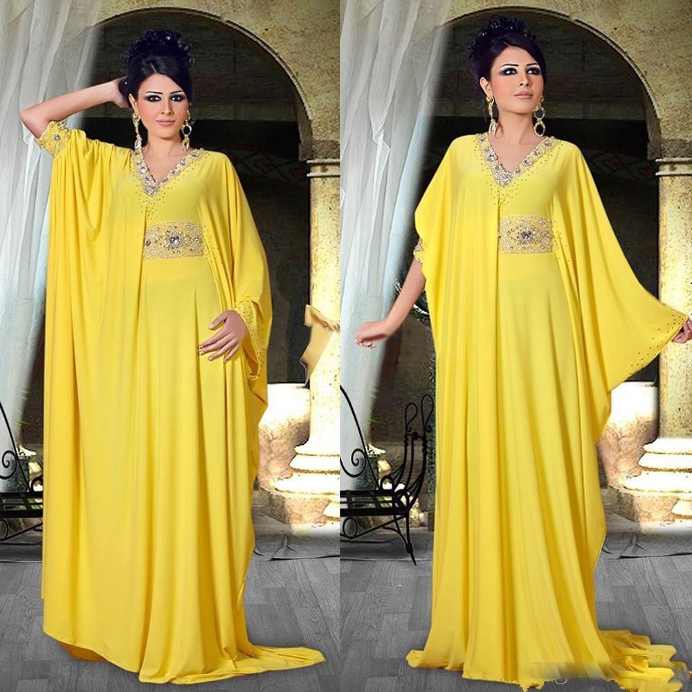 Elegant Arbic Yellow Evening Dresses With Crystal Beaded Long Poet Sleeves Chiffon A Lone Long Prom Dress Vestido De Festa