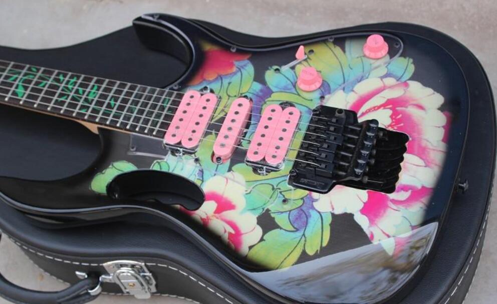 

Free Shipping! 24 Frets 77FP2 Steve Vai Flower Pattern Electric Guitar Green Vine Inlay, Black Floyd Rose Tremolo, HSH Pink Pickups