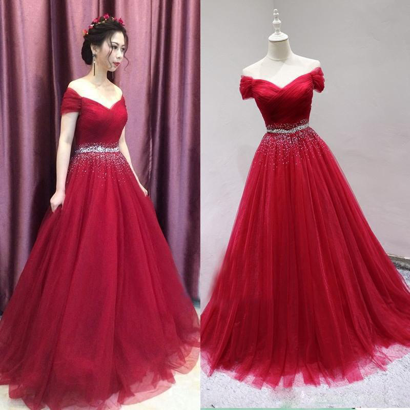 

High Quality Beaded Crystal Red Long Prom Dresses 2020 Tulle Cheap V Neck Cap Sleeves Engagement Dress Evening Party Gowns, Pink