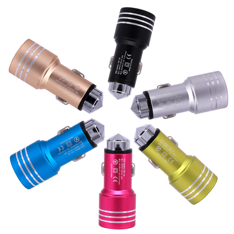 

5V 2.1A Car charger Safety Hammer Design Aluminium Alloy Dual USB Cell Phone Chargers for Iphone Samsung