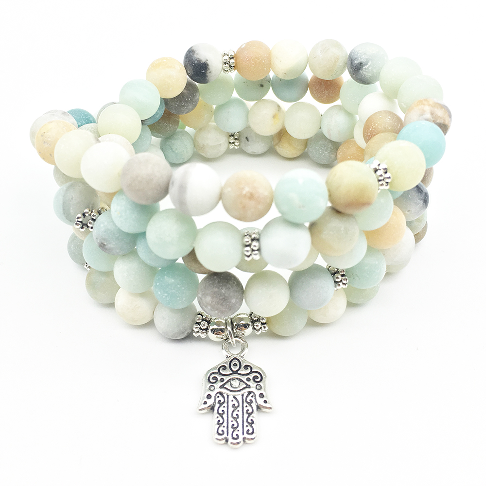 

SN1351 Hot Sale 2018 Mala Bracelet Fashion Women`s Bracelet Natural 8 mm Amazonite 108 Mala Hamsa Charm Yogi Necklace, Black