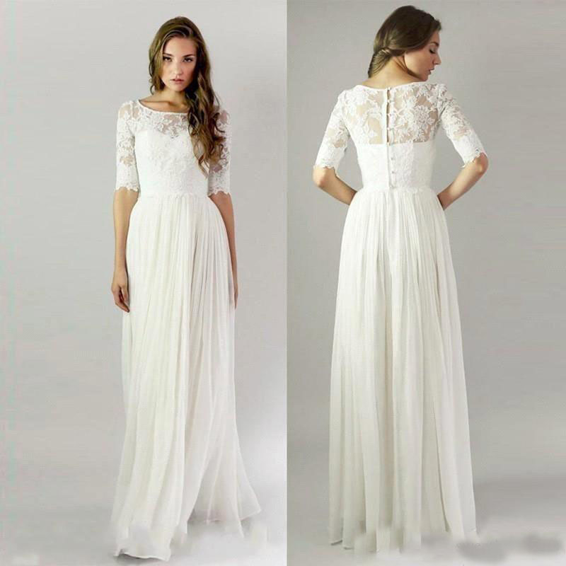 

2019 Cheap Simple Chiffon Lace Wedding Dresses With Half Sleeves Sheer Scoop Neck Floor Length Beach Bridal Gowns, Black