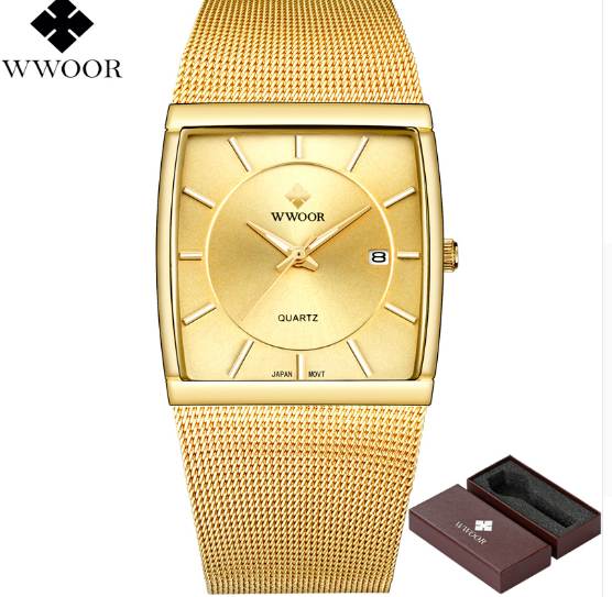 

New WWOOR Men Square Waterproof Gold Watch Men's Quartz Sports Watches Male Stainless Steel Clock relogio masculino, Other