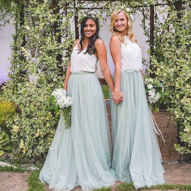 

2018 Bohemian Country Bridesmaid Dresses Cheap White Top Mint Sage Tulle Skirt Two Pieces Maid Of Honor Dresses Gowns Wedding Guest Dresses