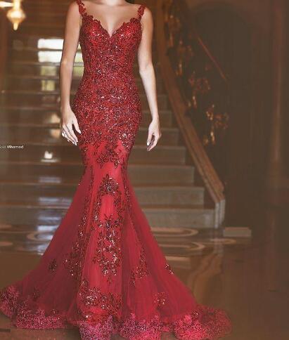 

burgundy mermaid prom dresses long lace illusion back sweep train red carpet runaway formal evening party gowns dhhsky, Same with picture
