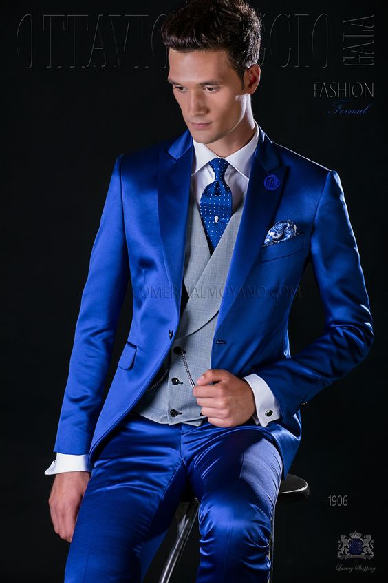 

Popular Design Groom Tuxedos One Button Shiny Royal Blue Peak Lapel Groomsmen Best Man Suit Wedding Mens Suits (Jacket+Pants+Vest+Tie) J460, Same as image