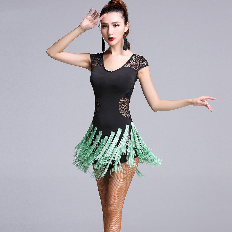 

Latin Dance Dress Women CHEAPEST Tango Salsa Dress Samba 3 Colors D0113 Short Lace Sleeve Back Irregular Tassel Hem, Black