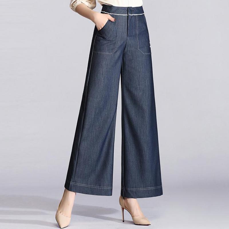 Printemps à la jambe large pour femmes larges hautes hautes et à la chute de la cheville déchirée pantalon en jean bleu noir, pantalon de jeans e