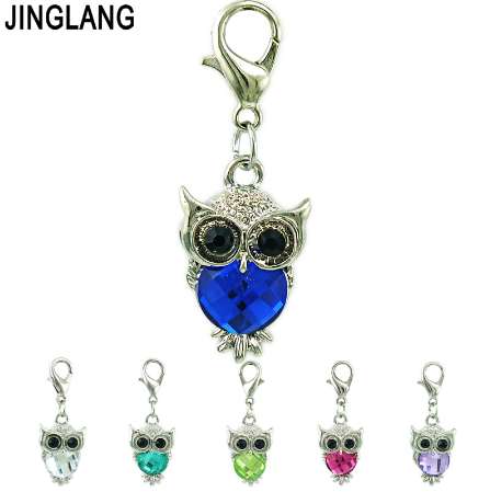 

JINGLANG New Owl Lobster Clasp Charms Dangle Plastic Crystal Animals Pendants DIY Charms For Jewelry Making Accessories