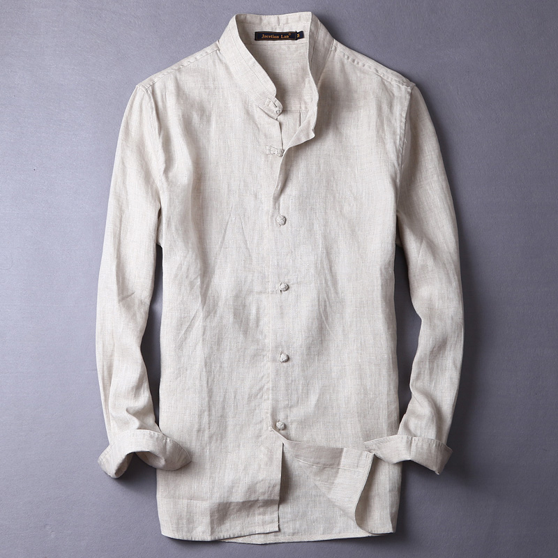 

100% Pure Linen Long Sleeve New Men's Shirt flax Chinese style retro plate buckle fashion linen shirt men brand casual camisa, White