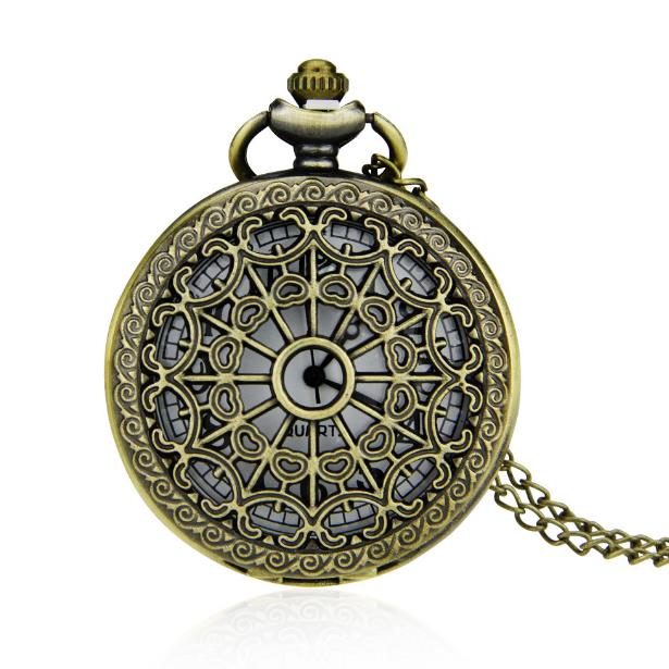 

Vintage bronze pocket watch classic hollow spider web pocket watch quartz pocket watch fashion full of age, Gold