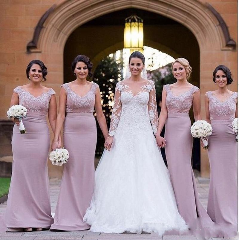 

Dusty Pink Bridesmaid Dresses 2018 V Neck Cap Sleeves Sheath Lace Applique Mermaid Sweep Train Plus Size Maid of Honor Wedding Guest Gowns