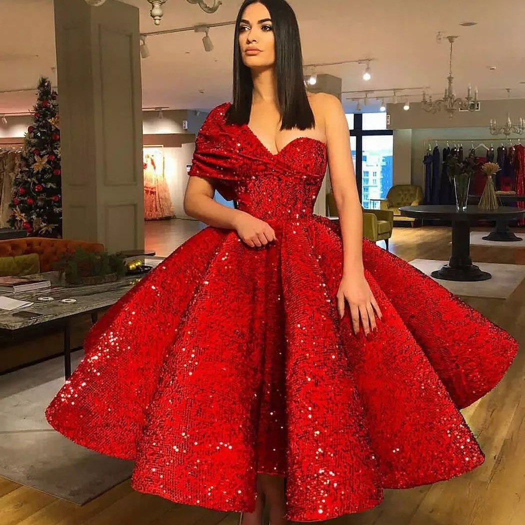 

Stylish Ball Gown Prom Dresses Sexy One Shoulder Tea Length Sequined party Dresses Puffy Arabic Celebrity Short Formal Evening Dresses, Red