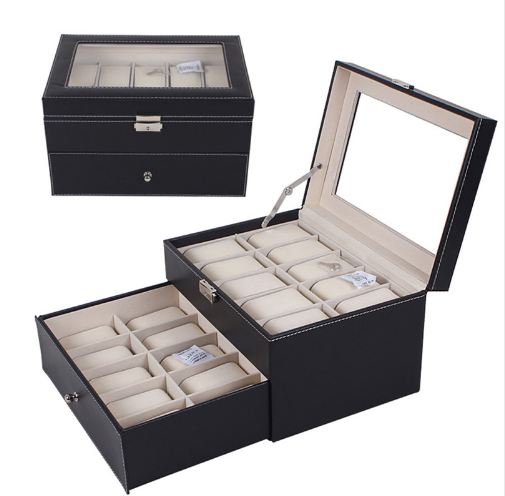 

1PC high quality 20 Slot Watch Box Leather Display Case Organizer Top Glass Jewelry Storage Black
