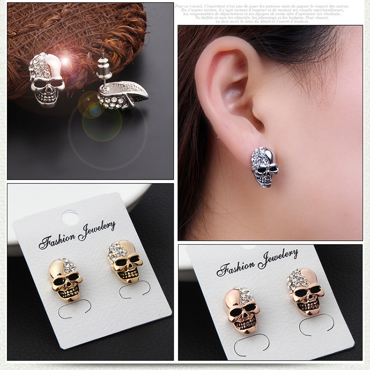 

Crystal Skull Stud Earrings For Women Men Personality gold Silver Rose Gold Color skull Piercing Ear Studs Halloween skull earrings