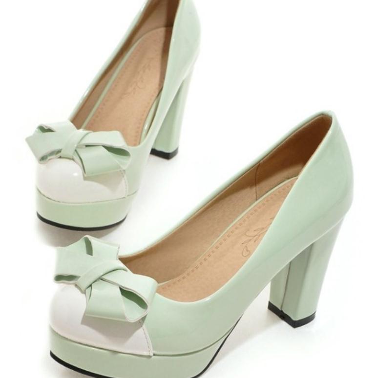

Free send 2018 new style bowknot with Coarse heel high heel waterproof table round head Shallow mouth princess women's shoes, Teal