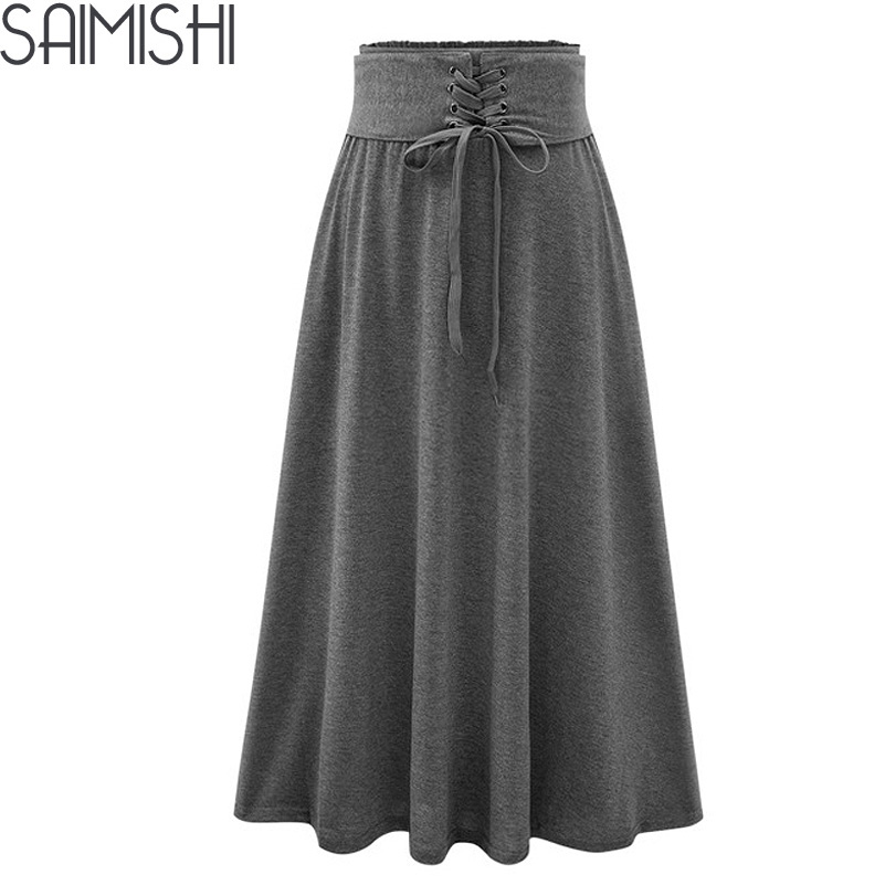 

Spring Autumn 2017 Fashion Woman's Long Skirt Top Quality Loose Corset High Waist Elegant Lace-Up Solid Women Pleated Skirt, Black