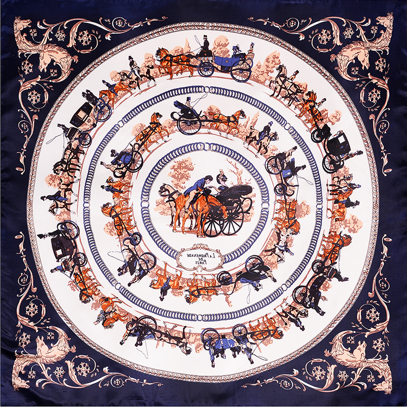 

Women Vintage Square Silk Scarf Handmade Red Bandana Foulard Femme Large Carriage Horse Print Scarfs for Ladies