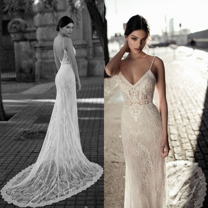 

Stylish Mermaid Lace Wedding Dresses V Neck Appliqued Bohemian Backless Bridal Gowns Trumpet Tulle Sweep Train vestido de novia, White