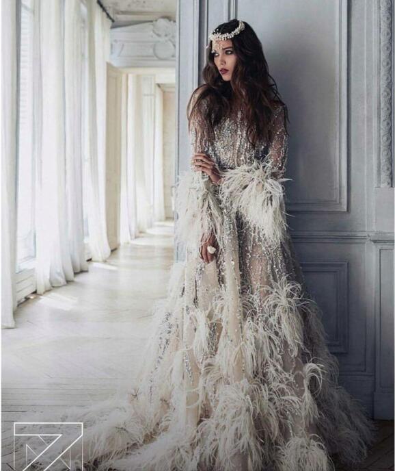 

Evening dress Yousef aljasmi Kim kardashian Puffy sleeve O-Neck Feather orstrich Mermaid Almoda gianninaazar ZuhLair murad K, Same with picture